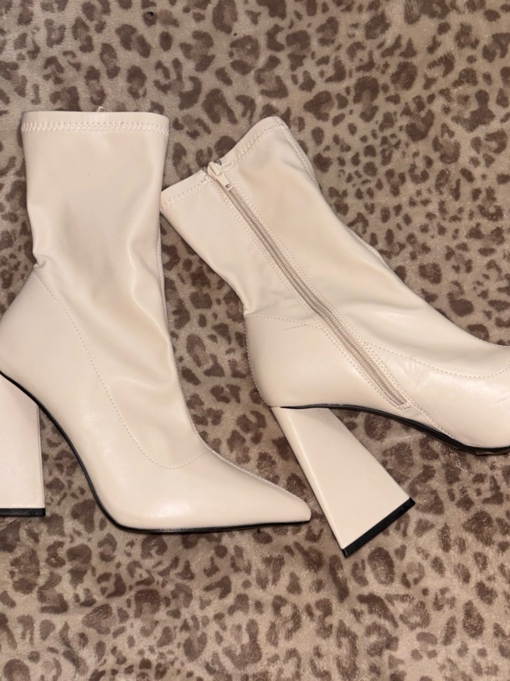 Forever 21 Cream Pointed Toe Block Heel Sock Ankle Boots